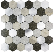 Mosaikfliese Hexagon aus Naturstein und Aluminium mit Steinoptik und Metallstruktur für Wand und Boden.