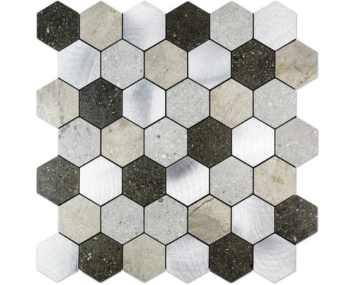 Mosaikfliese Hexagon aus Naturstein und Aluminium mit Steinoptik und Metallstruktur für Wand und Boden.