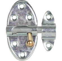 Bolzenriegel aus verzinktem Stahl mit ovalen Grundplatten und einem Griff aus Messing zur Verriegelung von Türen oder Toren.