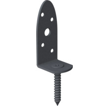Schwarzer Winkelverbinder aus Metall mit integrierter Schraube und fünf Befestigungslöchern.