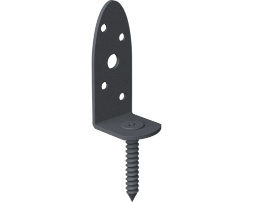 Schwarzer Winkelverbinder aus Metall mit integrierter Schraube und fünf Befestigungslöchern.