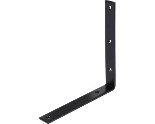 Schwarzer Regalwinkel aus Metall, 90 Grad Winkelverbinder mit sechs Bohrungen für die Wandmontage.