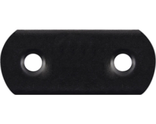 Flachverbinder aus schwarzem Metall mit zwei Bohrungen.