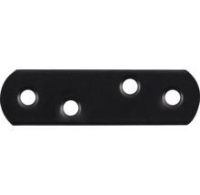 Schwarzer Flachverbinder aus Metall mit vier Löchern für Holzverbindungen.