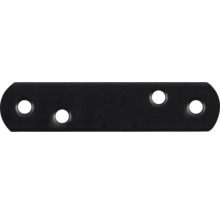 Schwarzer Flachverbinder aus Metall mit vier Löchern für Holzverbindungen.