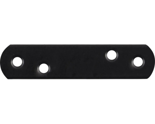 Schwarzer Flachverbinder aus Metall mit vier Löchern für Holzverbindungen.