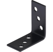 Schwarzer Winkelverbinder aus Metall mit sechs Befestigungslöchern.