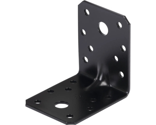 Schwarzer Winkelverbinder aus Metall mit Sicke und verschiedenen Bohrlöchern für Holzkonstruktionen.