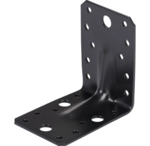Winkelverbinder aus schwarzem Stahl mit Verstärkungssicke und verschiedenen Lochungen für Holzkonstruktionen.