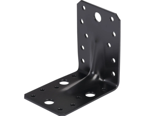 Winkelverbinder aus schwarzem Stahl mit Verstärkungssicke und verschiedenen Lochungen für Holzkonstruktionen.