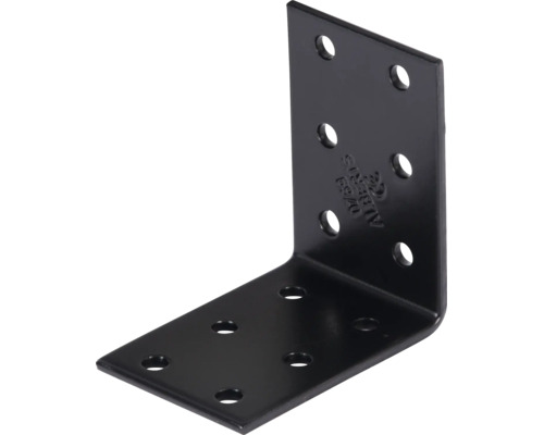 Winkelverbinder aus schwarzem Metall mit mehreren Bohrungen.