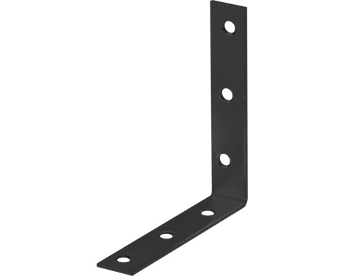 Schwarzer L-Winkelverbinder aus Metall mit sechs vorgebohrten Löchern für stabile Eckverbindungen.