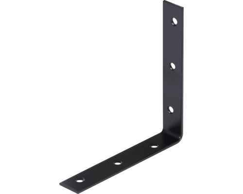 Schwarzer Winkelverbinder aus Metall mit sechs Löchern.