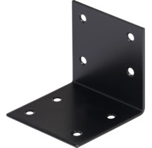 Schwarzer Winkelverbinder aus Metall mit acht Löchern für Holzkonstruktionen.