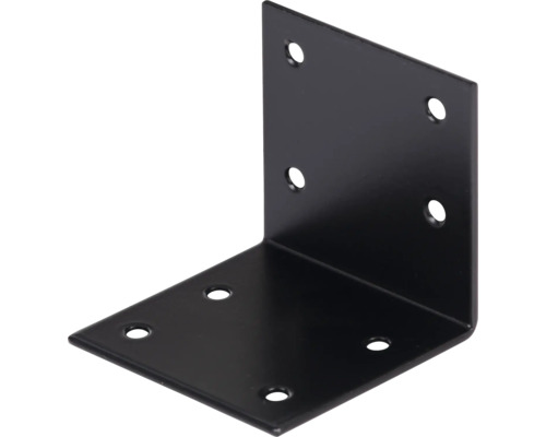 Schwarzer Winkelverbinder aus Metall mit acht Löchern für Holzkonstruktionen.