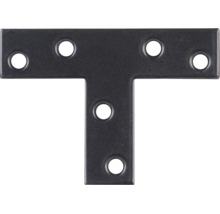 T-Flachverbinder aus schwarzem Metall mit sechs vorgebohrten Löchern für Schrauben.
