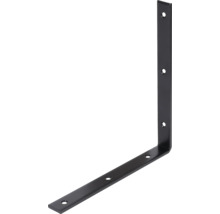 Schwarzer Winkelverbinder aus Metall in L-Form mit Bohrungen.