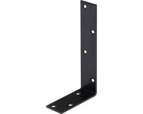 Schwarzer Winkelverbinder aus Metall mit mehreren Befestigungslöchern.