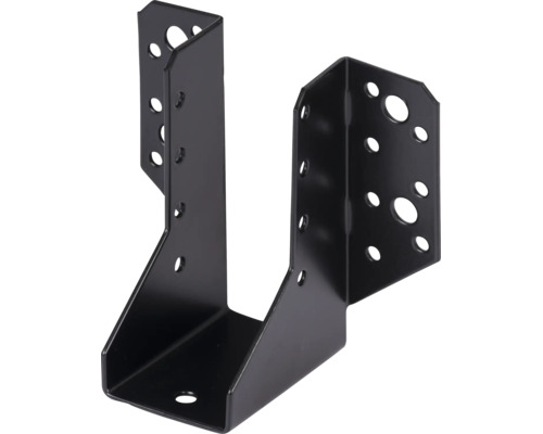 Balkenschuh aus schwarzem Metall mit außenliegenden Laschen und vorgebohrten Löchern zur Befestigung von Holzbalken.