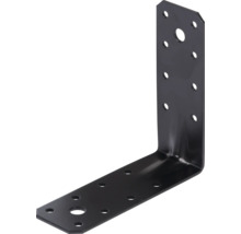 Winkelverbinder aus Metall, schwarz beschichtet, mit verschiedenen Lochbohrungen für Schrauben.