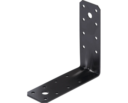 Winkelverbinder aus Metall, schwarz beschichtet, mit verschiedenen Lochbohrungen für Schrauben.