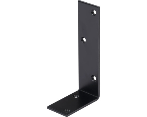 L-Winkel aus schwarzem Metall mit fünf vorgebohrten Löchern für Schrauben, ideal für Möbelbau und Regalmontage.