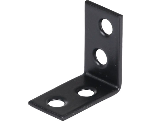 Winkelverbinder aus Metall in Schwarz mit vier Löchern.
