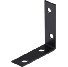 Schwarzer Metall-Winkelverbinder in L-Form mit vier vorgebohrten Löchern für Schrauben.