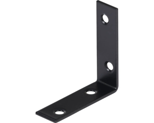 Schwarzer Metall-Winkelverbinder in L-Form mit vier vorgebohrten Löchern für Schrauben.