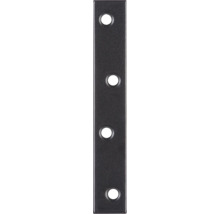 Schwarzer Flachverbinder aus Metall mit vier vorgebohrten Löchern zur Befestigung.