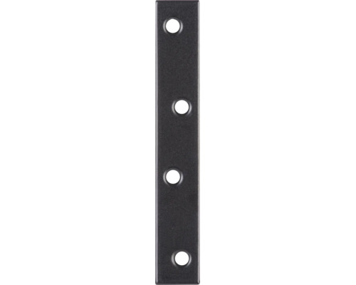 Schwarzer Flachverbinder aus Metall mit vier vorgebohrten Löchern zur Befestigung.