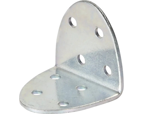 Winkelverbinder abgerundet aus verzinktem Stahl mit acht Bohrlöchern.