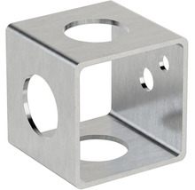 Würfelverbinder aus Metall mit Bohrungen zur Montage von Profilen.