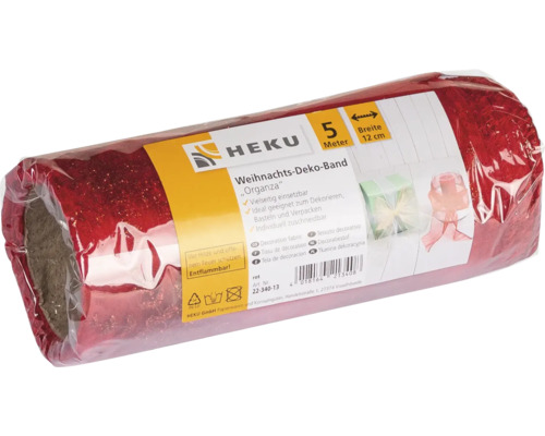 Eine Rolle HEKU Weihnachts Deko Organza Band fünf Meter lang und zwolf Zentimeter breit zum Basteln und Dekorieren verpackt in Folie.