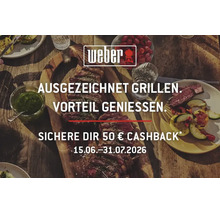 Weber Logo über gegrilltem Fleisch und Gemüse auf Holztisch mit Text zu 50 Euro Cashback Aktion vom 15. Juni bis 31. Juli 2026.