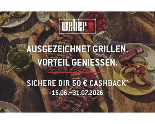 Weber Logo über gegrilltem Fleisch und Gemüse auf Holztisch mit Text zu 50 Euro Cashback Aktion vom 15. Juni bis 31. Juli 2026.
