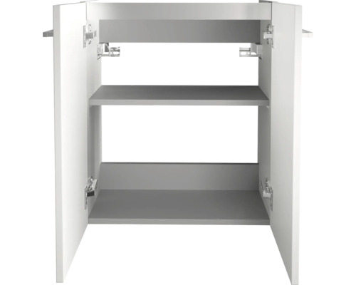 Waschtischunterschrank mit zwei Türen und einem Einlegeboden, Innenansicht.