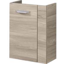 Waschtischunterschrank in Holzoptik mit einem silbernen Metallgriff.