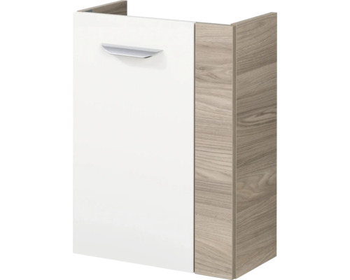 Badezimmerunterschrank mit weißer Front, silberfarbenem Griff und Korpus in Holzoptik.