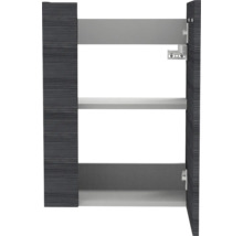 Schmaler Hängeschrank in dunkler Holzoptik mit zwei offenen Regalfächern und hellen Innenelementen.