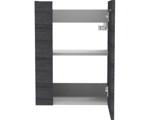 Schmaler Hängeschrank in dunkler Holzoptik mit zwei offenen Regalfächern und hellen Innenelementen.