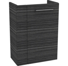 Waschbeckenunterschrank in dunkler Holzoptik mit einem silberfarbenen Griff.