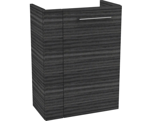 Waschbeckenunterschrank in dunkler Holzoptik mit einem silberfarbenen Griff.
