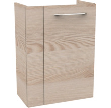Badezimmerschrank in Holzoptik mit einer Tür und Metallgriff.