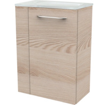 Waschbeckenunterschrank inklusive Waschbecken in Holzoptik mit einem horizontalen Metallgriff.