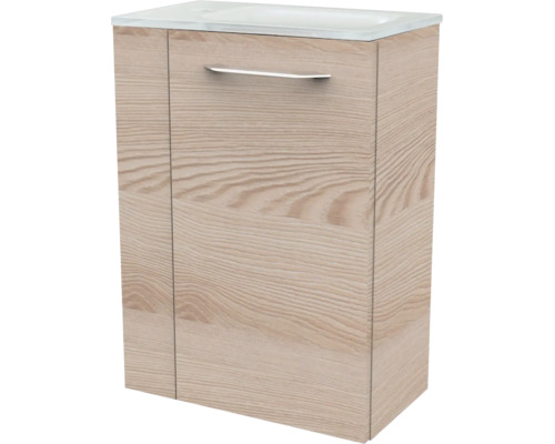 Waschbeckenunterschrank inklusive Waschbecken in Holzoptik mit einem horizontalen Metallgriff.