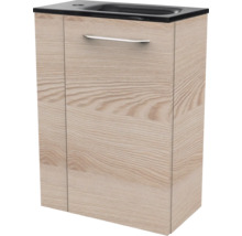 Waschtischunterschrank in Holzoptik mit integriertem schwarzem Waschbecken und silbernem Griff.