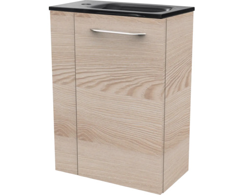 Waschtischunterschrank in Holzoptik mit integriertem schwarzem Waschbecken und silbernem Griff.