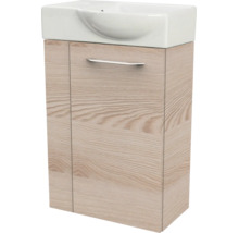 Waschbeckenunterschrank in Eschen-Optik mit integriertem weißem Waschbecken und silbernem Metallgriff.