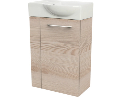 Waschbeckenunterschrank in Eschen-Optik mit integriertem weißem Waschbecken und silbernem Metallgriff.
